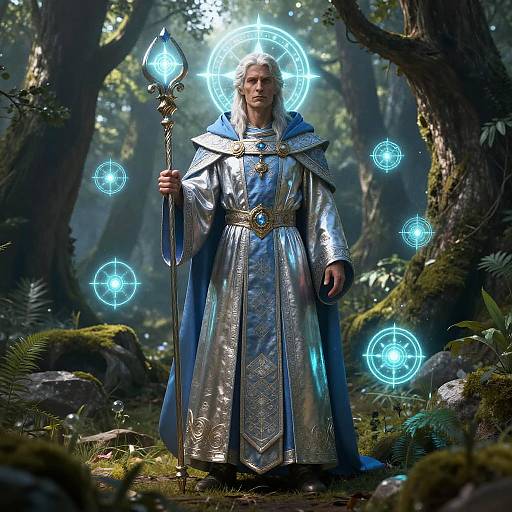 A silver-clad wizard with a glowing halo and staff stands in a mystical forest, surrounded by luminescent blue magical orbs.