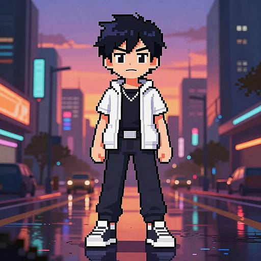 Pixel Anime Character in Neon City