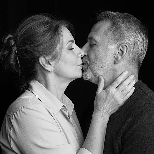 Black-and-white photograph of a couple kissing; woman with bun, white blouse, touching man's face; man with short hair, beard, dark shirt