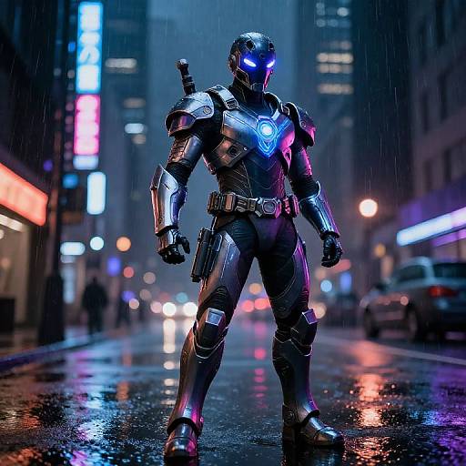 Neon-Lit Armored Hero in Rain