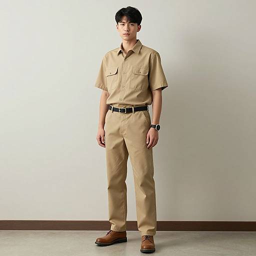 Photograph of an Asian man standing against a plain white wall, wearing a tan short-sleeved button-up shirt, matching pants, black belt,
