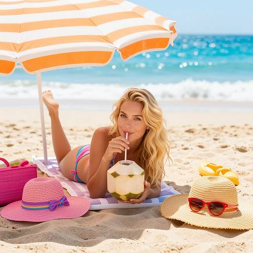 Photograph of a blonde woman in a colorful bikini, lying on a beach towel under an orange-striped umbrella, drinking from a coconut, with pink hats