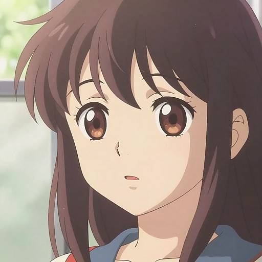 Anime-style digital drawing of a young girl with large brown eyes, brown hair, and a serious expression, wearing a blue shirt.