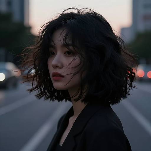 Wavy Black Hair in Urban Dusk