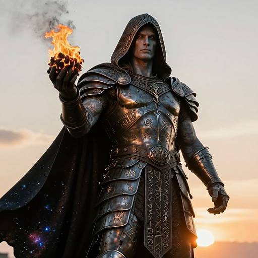 Photorealistic digital artwork of a muscular, armored warrior with a hood, holding a fiery orb, standing against a sunset sky.