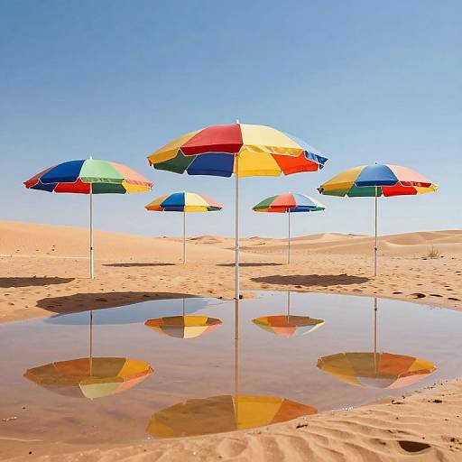 Photograph of colorful beach umbrellas with vibrant red, blue, yellow, and green panels, standing in shallow desert sand pools, reflecting in clear water
