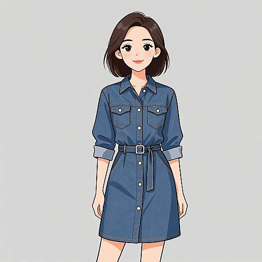 Anime-style digital drawing of a young woman with short black hair, wearing a blue denim dress with pockets and belt.