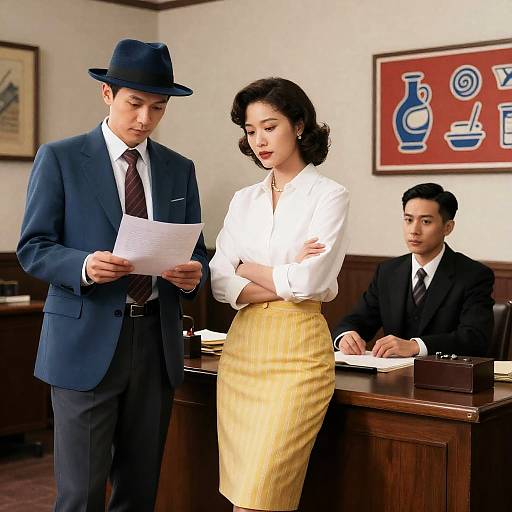 Vintage Office Scene with Three Professionals