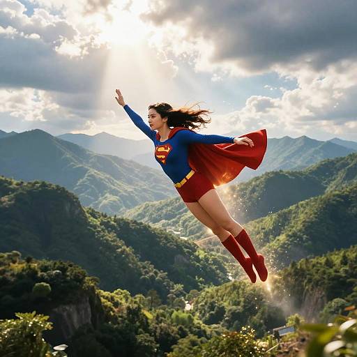 Super Girl Soaring Over Mountains