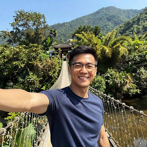 Happy Man Selfie on Mountain Bridge