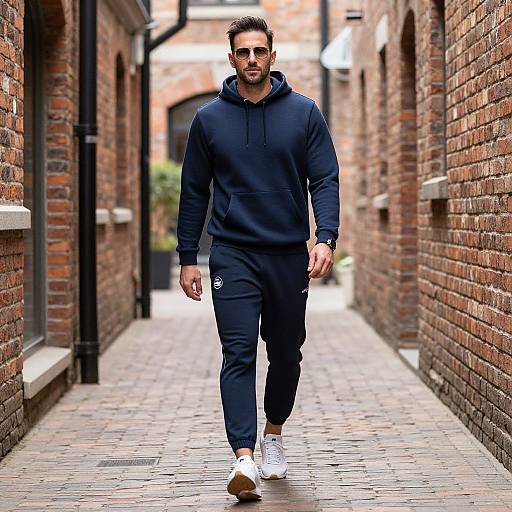 Photograph of a bearded man in a black hoodie, black track pants, and white sneakers, walking down a narrow, brick-lined alleyway.