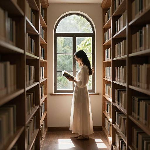Photograph of a woman with long black hair in a white dress, standing in a sunlit library aisle, reading a book in front of an ar