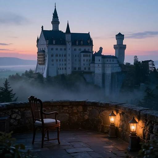 Photograph of a medieval castle at twilight, silhouetted against a pink and blue sky, with mist, stone balcony, chair, and lantern