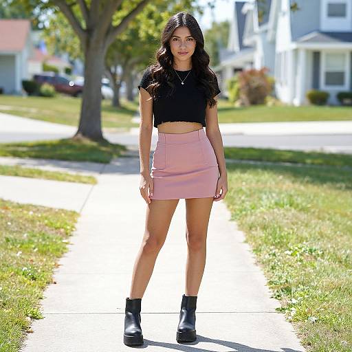 Confident Young Woman on Suburban Sidewalk