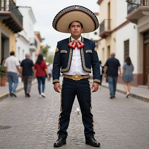 Photograph of a young Mexican man in traditional charro suit with oversized sombrero, standing confidently on a cobblestone street, people walking in the