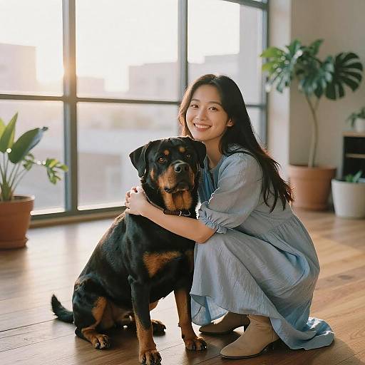 Young Woman Hugging Rottweiler in Sunny Loft