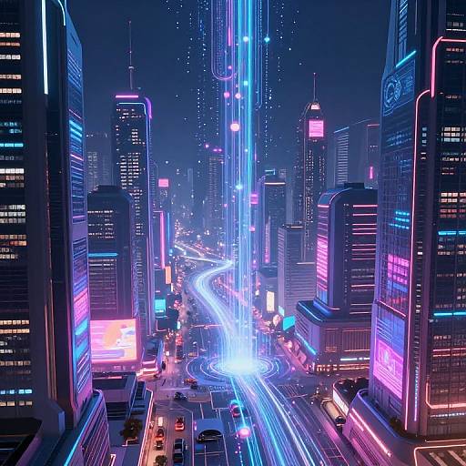 Neon-lit, futuristic cityscape photograph; vibrant blue, pink, and purple lights illuminate towering skyscrapers; light trails from moving cars create