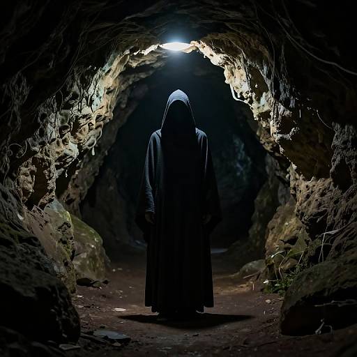 Mysterious Figure in Illuminated Cave