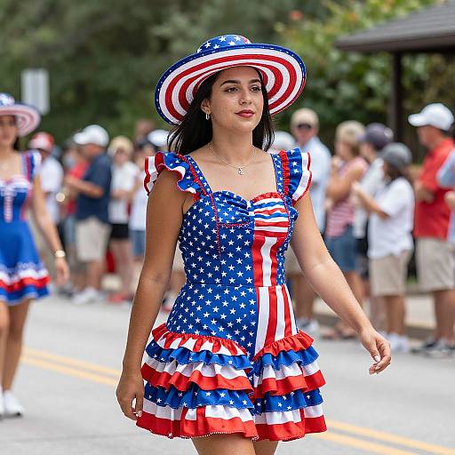 Photograph of a young woman with olive skin and dark hair, wearing a star-spangled dress and hat, walking in a patriotic parade with a crowd
