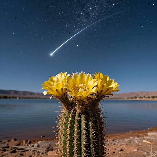 Photograph of a tall cactus with bright yellow flowers under a starry night sky, featuring a shooting star over a calm lake.