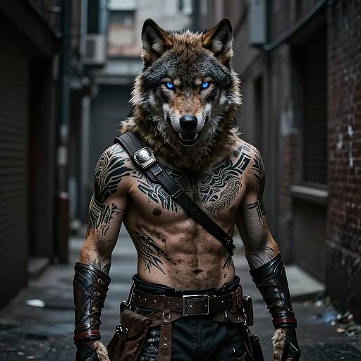 Photorealistic digital art of a muscular, tattooed anthropomorphic wolf with glowing blue eyes, standing in a dark, narrow alley.