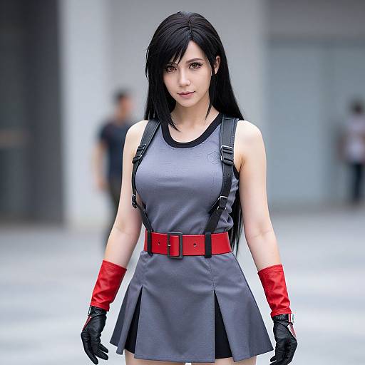 Digital art of a pale-skinned, black-haired woman in a gray dress with red belt and gloves, standing in a blurred, modern background.
