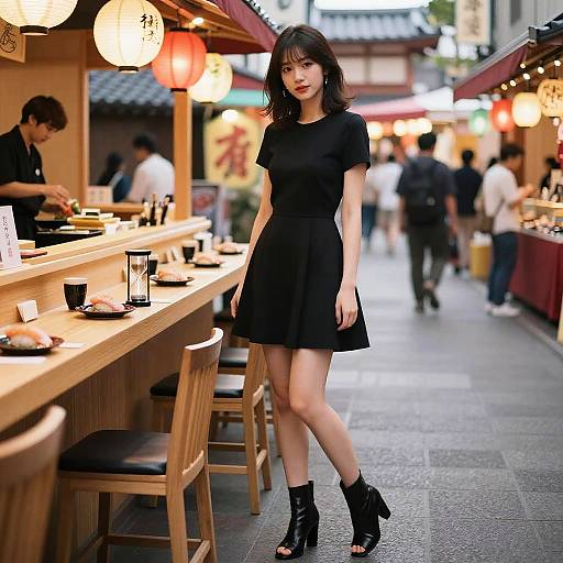 Woman in Black Dress at Sushi Bar