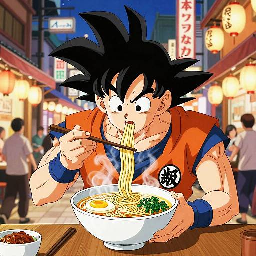 Goku Enjoying Ramen in Street Market
