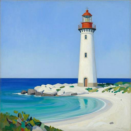 Lighthouse on White Sandy Shore with Clear Blue Waters