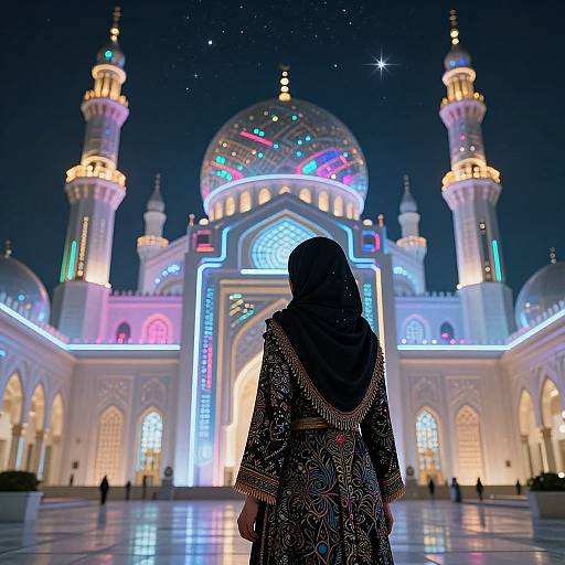 Photograph of a woman in an ornate black hijab and patterned dress, facing a glowing, illuminated Islamic-style mosque at night.
