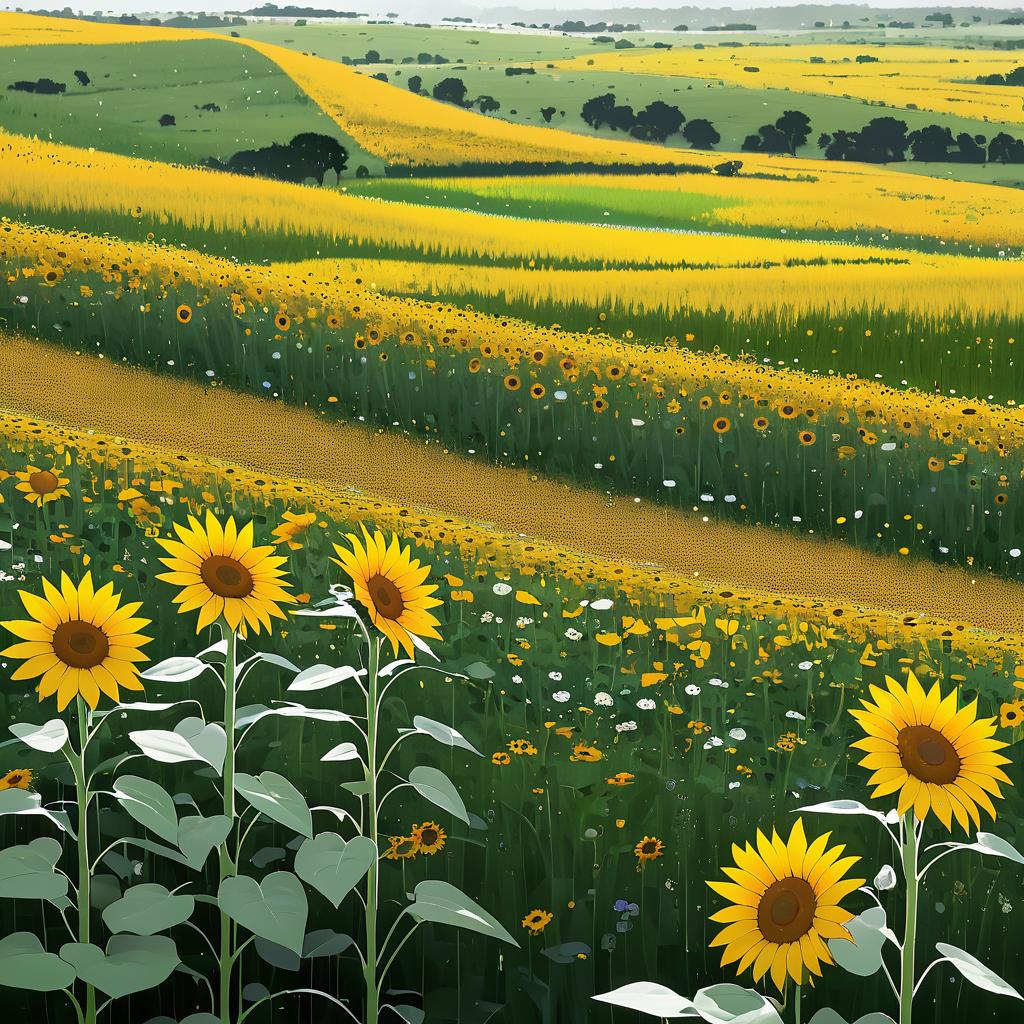 Cheerful Sunflower Valley Under Soft Rain