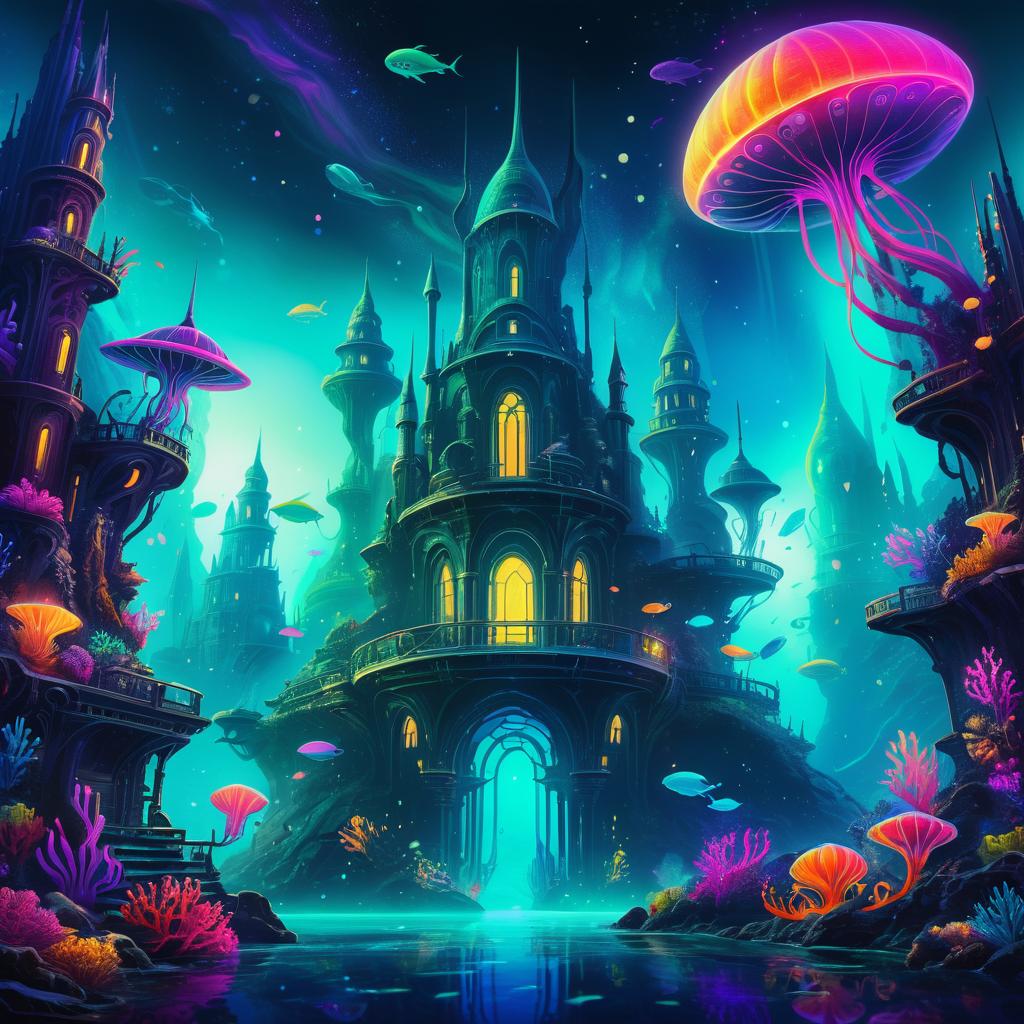 Whimsical Underwater Alien City Artwork