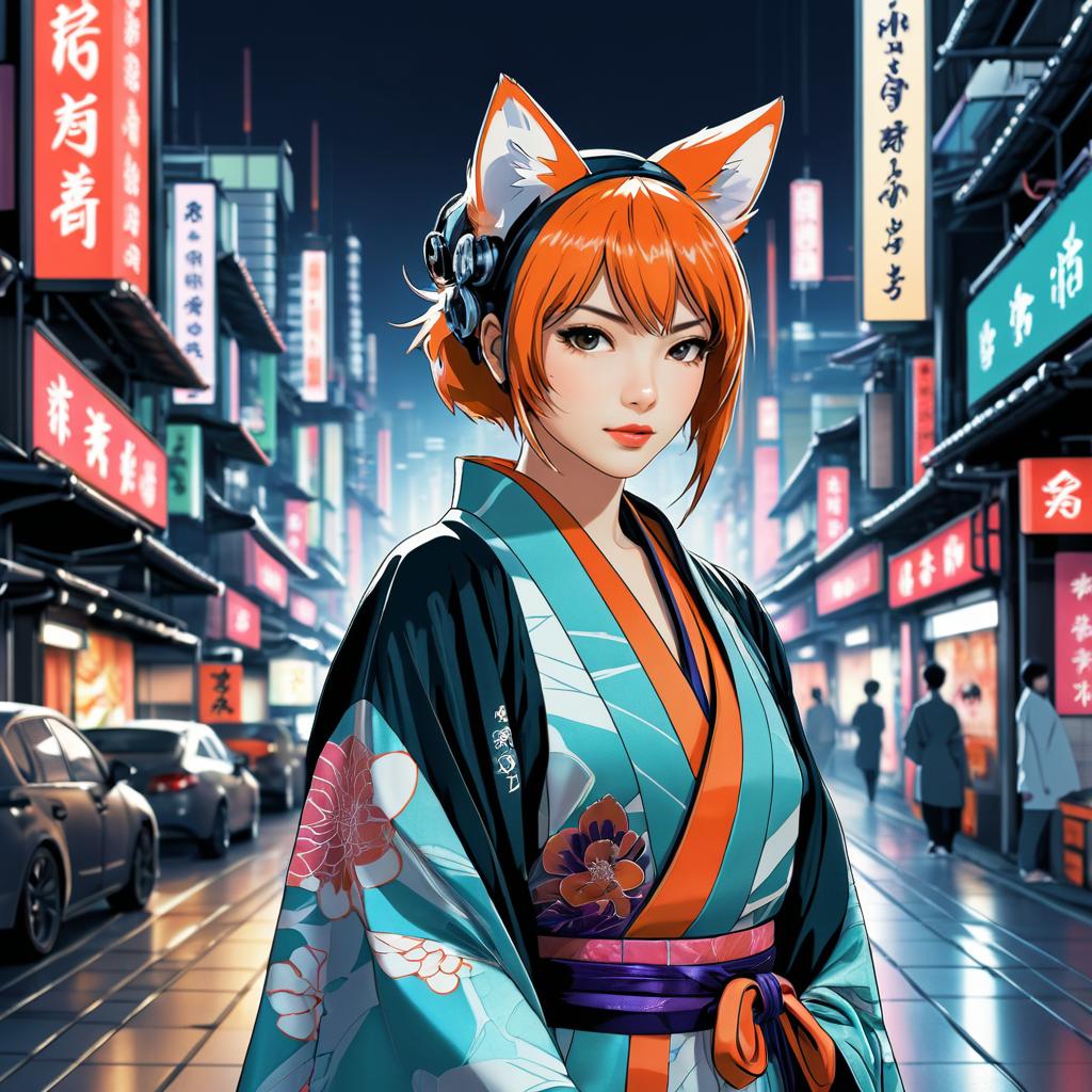 Cunning Kitsune in Cyberpunk Cityscape