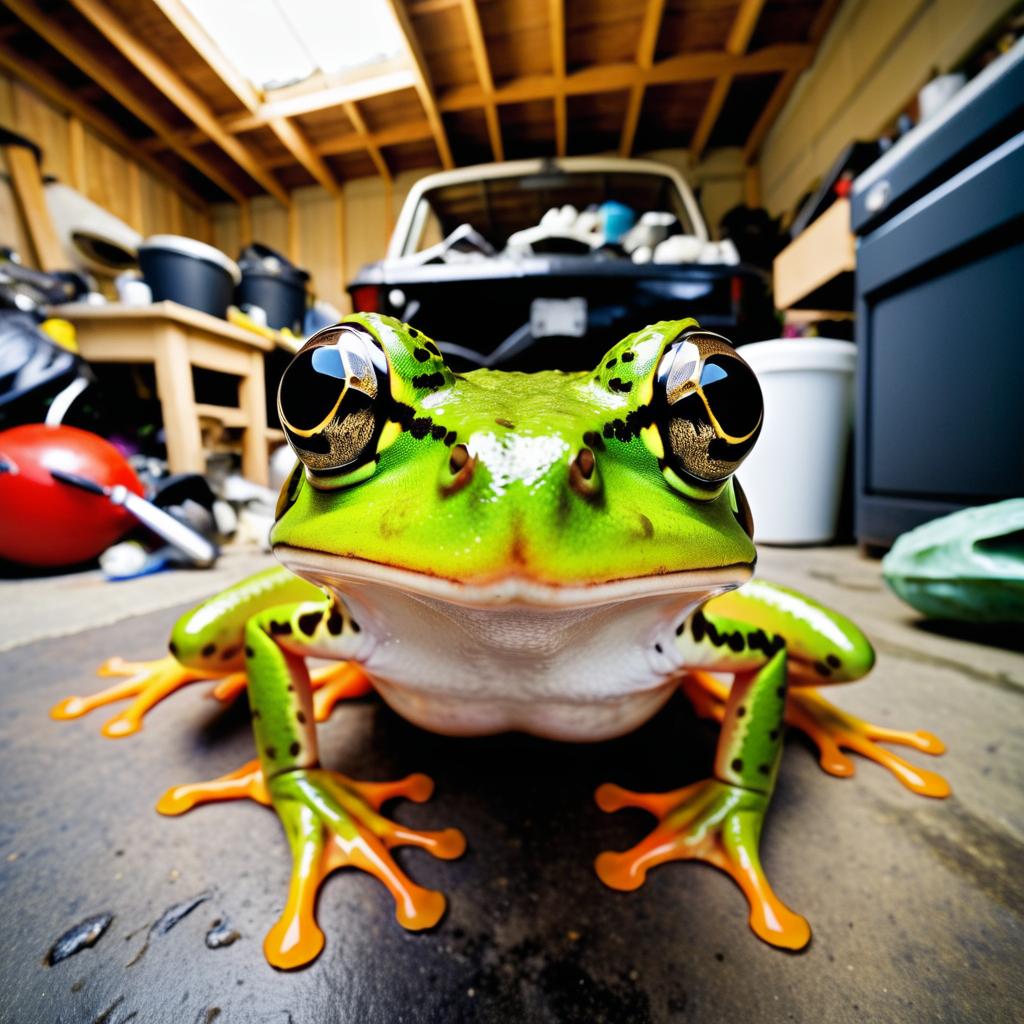 Humorous Frog Portrait in Cluttered Garage