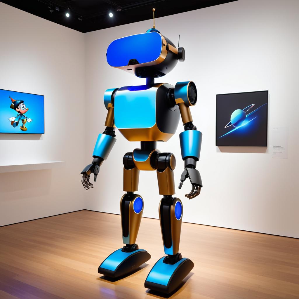 Futuristic Pinocchio Robot in Art Gallery