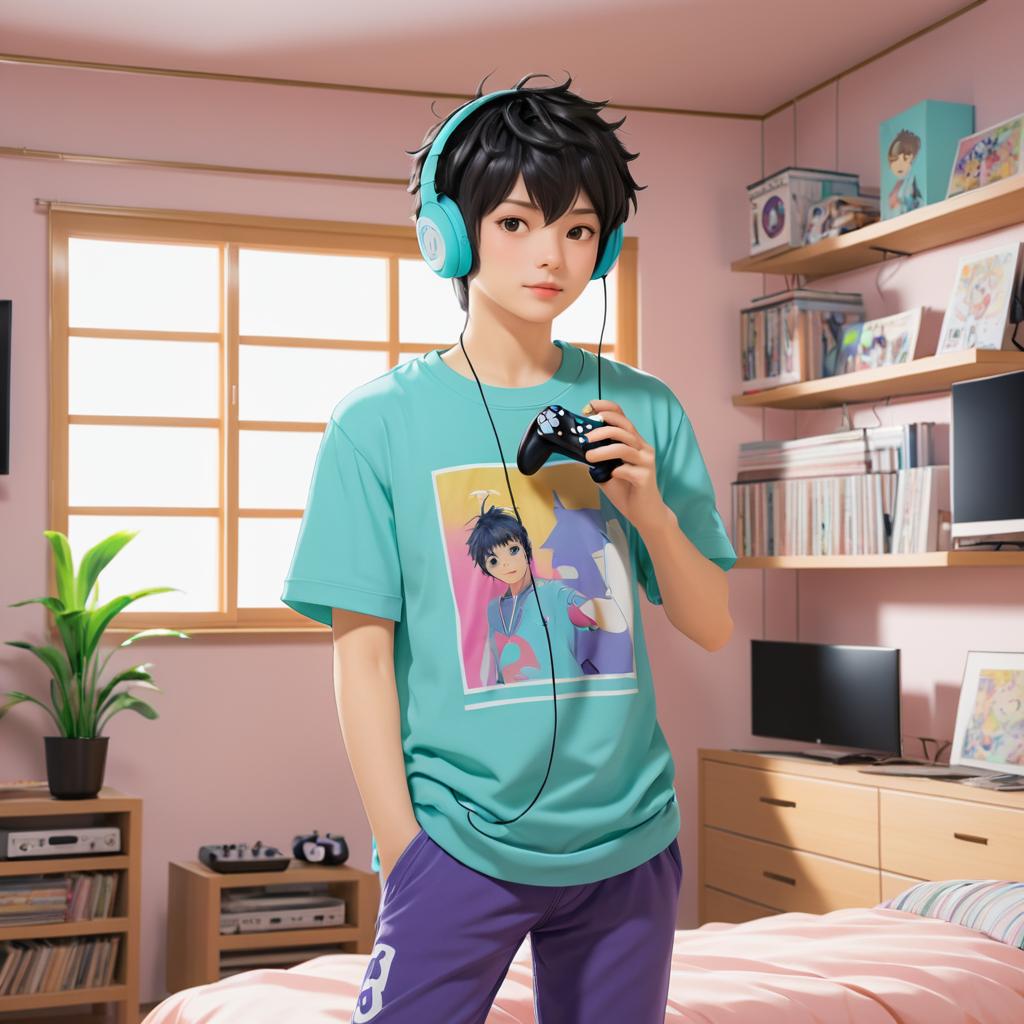 Shy Gamer Boy in Cozy Bedroom Scene