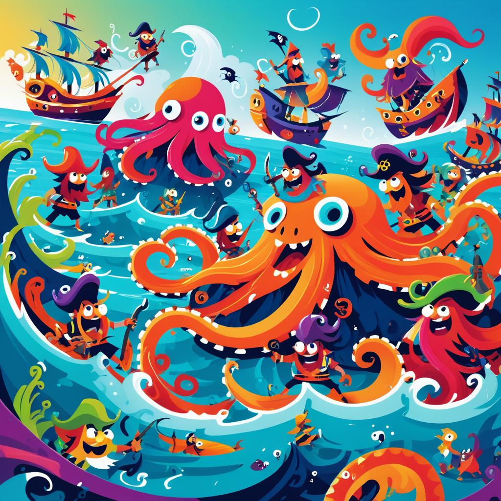 Vibrant Pirate Battle with Giant Octopus