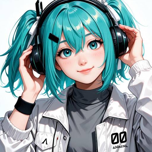 Cheerful Girl with Aqua Hair and Headphones