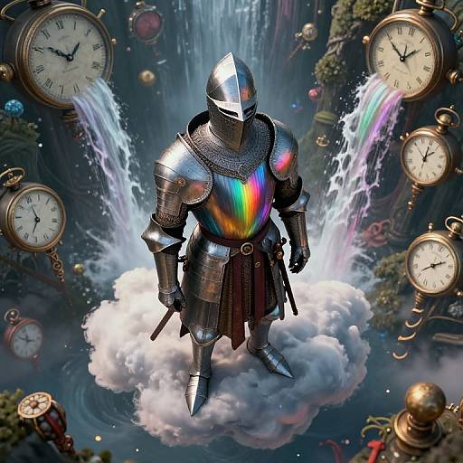 Digital artwork of a metallic knight with a rainbow chest plate, standing on a cloud, surrounded by floating clocks and waterfalls.