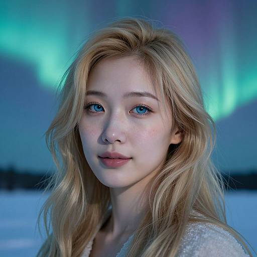Photograph of a young, fair-skinned woman with long blonde hair and blue eyes, standing outdoors under a vibrant aurora borealis. She wears