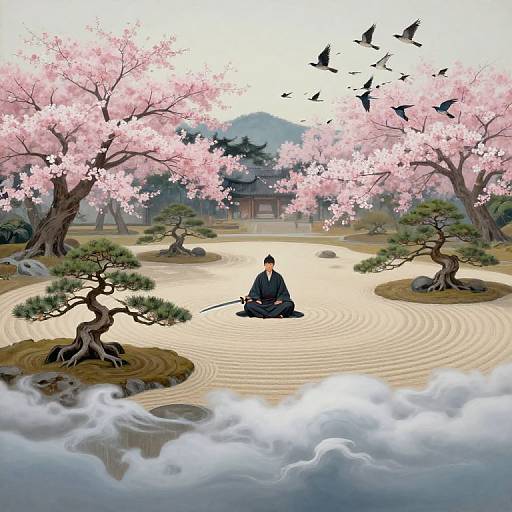 Digital painting of a Zen monk in black robes meditating in a serene, cloud-covered sand garden with cherry blossoms and birds.
