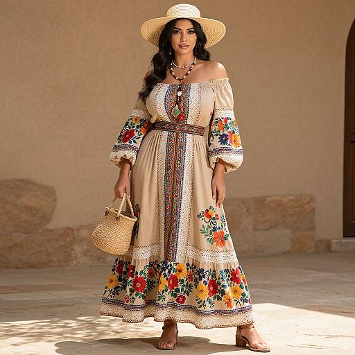 Photograph of a woman with medium brown skin, wearing a beige off-shoulder floral dress, straw hat, and holding a woven bag, standing