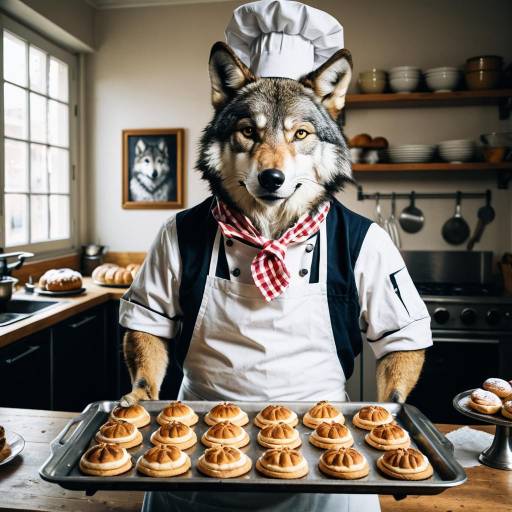 Wolf Chef Holding Tray of Pastries
