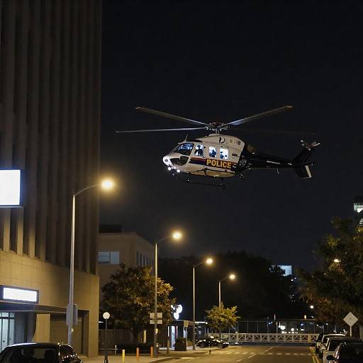 Nighttime Cityscape With Police Helicopter