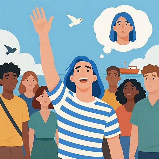 Diverse Group With Blue-Haired Man Waving