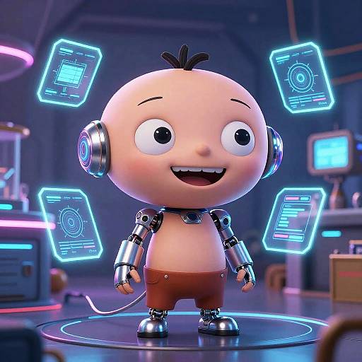 CGI image of a chubby, bald, robotic baby with headphones, glowing blue holograms, and futuristic lab background. Smiling, wearing red pants