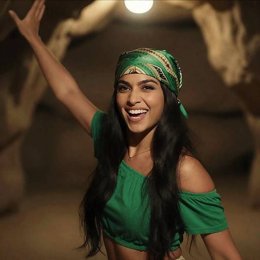 Woman in Green Headscarf Smiling Outdoors