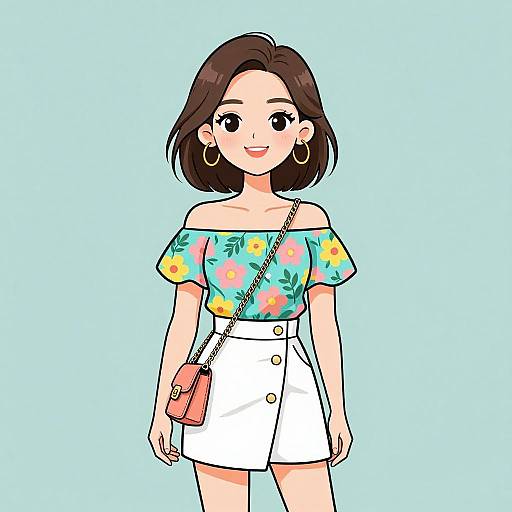 Digital anime-style drawing of a smiling young woman with brown hair, wearing a floral off-shoulder top, white high-waisted skirt, and