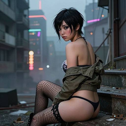 Digital art of a sexy, short-haired Asian woman in fishnet stockings, black lingerie, and an off-shoulder jacket, sitting on urban steps
