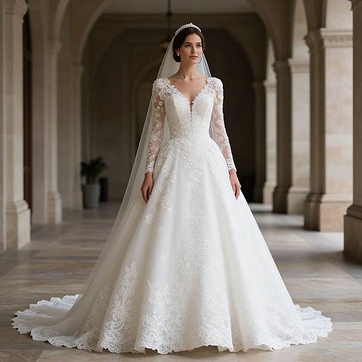 Photograph of a bride in a white lace wedding gown with long sleeves and veil, standing in a sunlit stone colonnade.